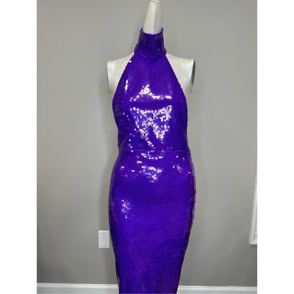 NWT LaQuan Smith Halter Open Back Sequin Bodycon Maxi Gown Grape XL $2550 - Picture 8 of 12